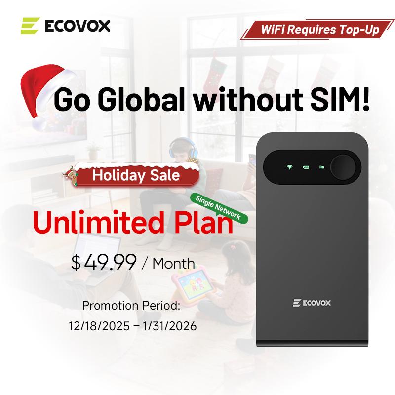 ECOVOX 4G LTE WiFi Mobile Hotspot, No SIM Card Required No Contract, 9 Connected Devices, Multiple Networks, Portable Internet for Campers, Motorhomes and Travels,Free 1GB Local Data