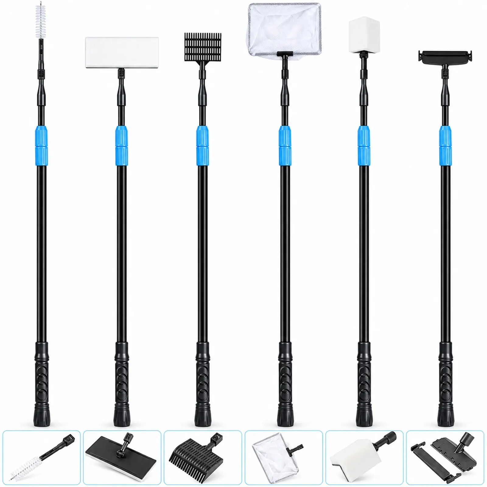 AquaMiracle 6 In 1 Metal Aquarium Cleaning Kit with 24.5-38 In Telescopic Carbon Fiber Handle, Algae Scraper, Scrubber Pads, Tube Cleaner, Fish Net, Gravel Rake for 20-160 Gal Tanks, Fathersday Gift (Pet Supplies, Easy to Store)