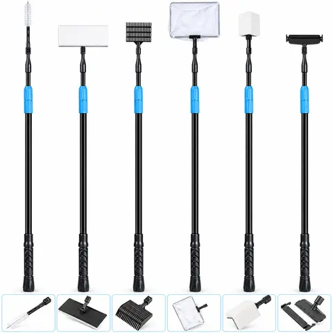 AquaMiracle 6 In 1 Metal Aquarium Cleaning Kit with 24.5-38 In Telescopic Carbon Fiber Handle, Algae Scraper, Scrubber Pads, Tube Cleaner, Fish Net, Gravel Rake for 20-160 Gal Tanks, Fathersday Gift (Pet Supplies, Easy to Store)