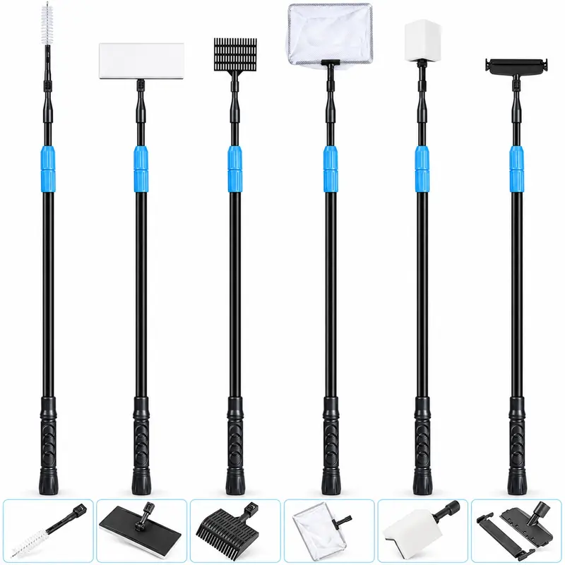 AquaMiracle 6 In 1 Metal Aquarium Cleaning Kit with 24.5-38 In Telescopic Carbon Fiber Handle, Algae Scraper, Scrubber Pads, Tube Cleaner, Fish Net, Gravel Rake for 20-160 Gal Tanks, Fathersday Gift (Pet Supplies, Easy to Store)