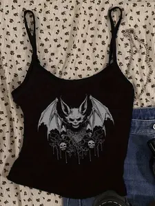 Gothic Style Skull Bat Print Halter Top, Slim-Fitting Short Sleeveless Shirt, Y2K Fashion for Women, Dark Punk, Spaghetti Strap, Statement, Womenswear