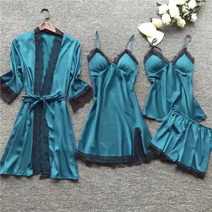 Lace Silk Pajama Set Nightdress Sexy Lingerie Robe Women's Pajamas Four-Piece Set Pajamas Shorts Women's Dress Pajamas Women's Homewear Solid Color-H