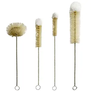 4PCS Bottle Brushes Thin Long Handle Skinny Wire Cleaner Set in Stainless Steel with Natural Boar Bristle at Wool Tip, Bendable Flexible for Cleaning Narrow Neck Bottles, Pipe, Tube, Hose