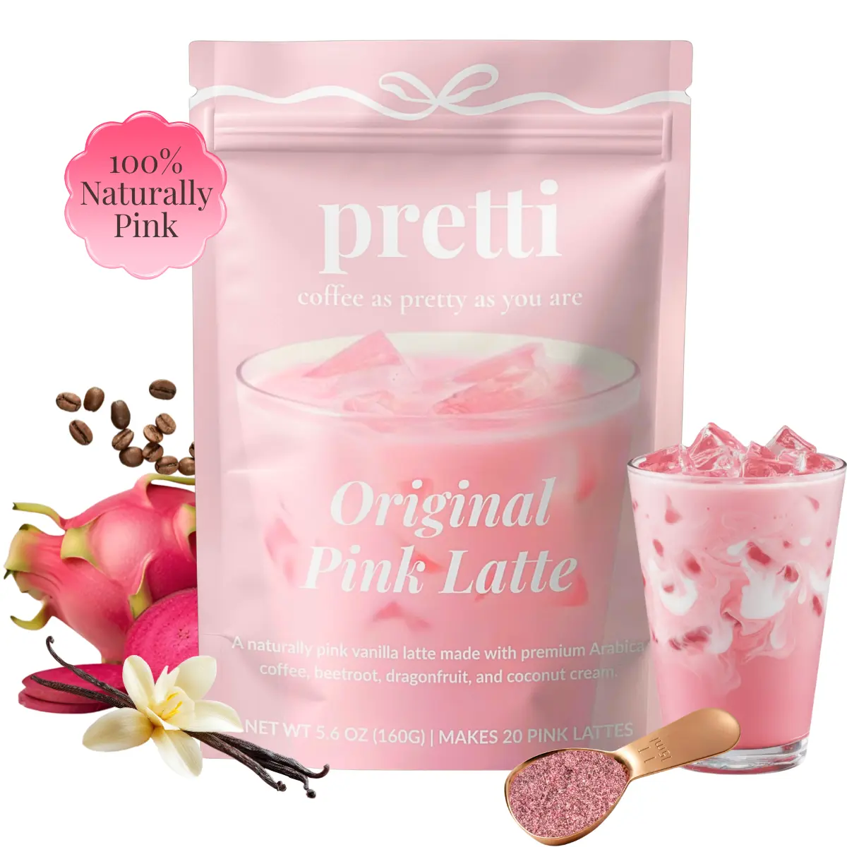 Pretti Naturally Pink Coffee Drink - Creamy Vanilla Instant Latte Mix with Beetroot, Dragonfruit, 0 Artificial Dyes, 50mg Caffeine, 20 Servings, Coffee Alternative, Dairy-Free Low-Calorie Beverage