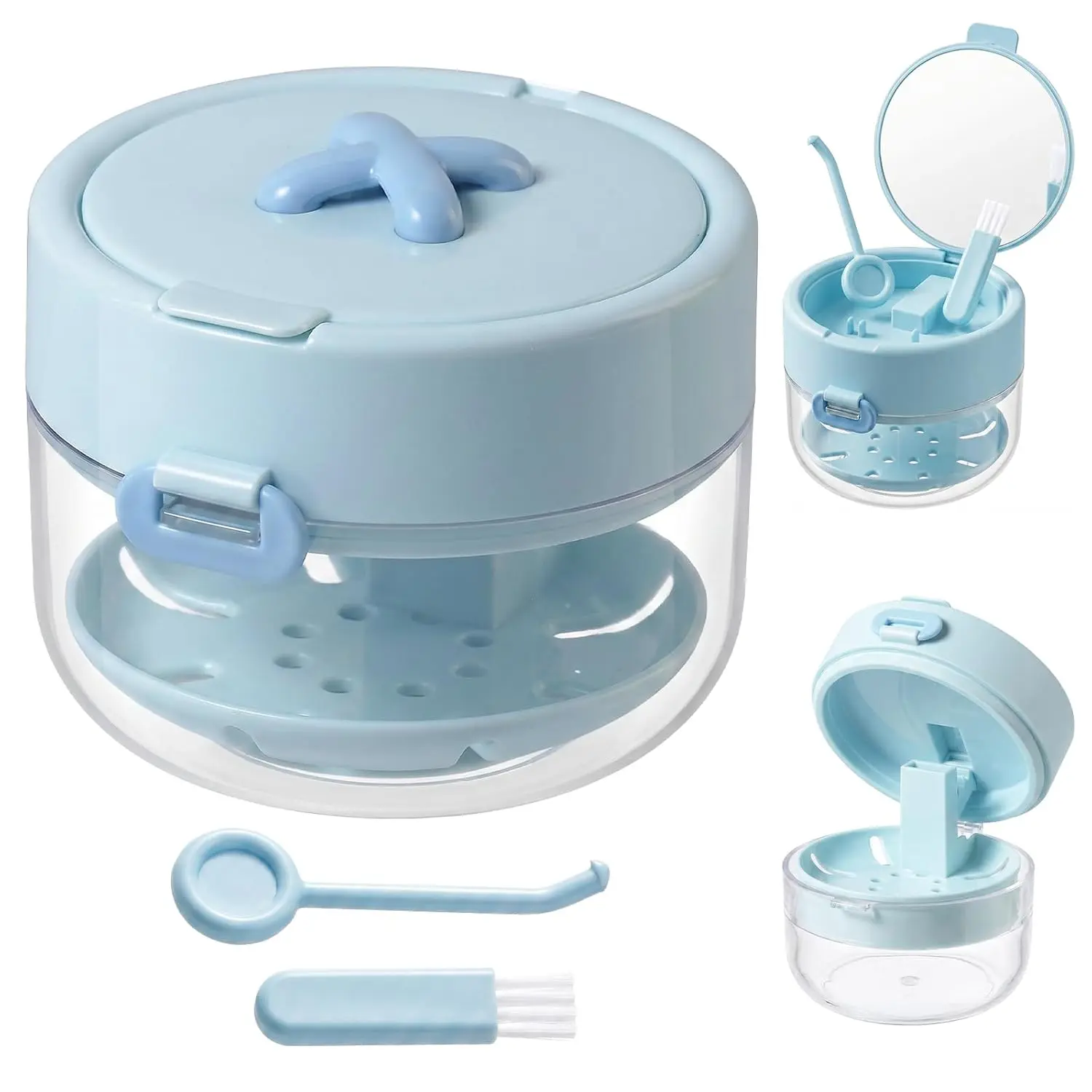 3 in 1 Denture Cleaning Case with Mirror Cleaning Brush and Removal Tool Leak-Proof Portable Denture Bath Case for Orthodontic and Denture Users