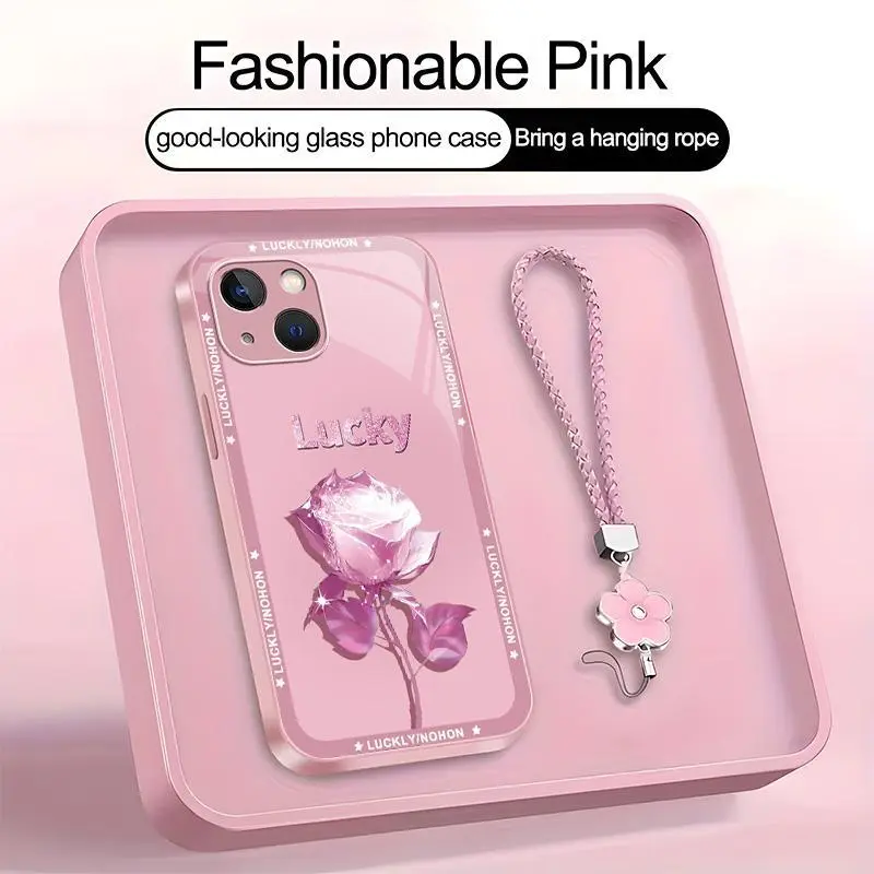 Suitable for [iPhone 14 Plus] high-end women's phone case🤩，a beautiful four-leaf clover lanyard is included🍀，exquisite and sophisticated rose pattern, a phone case that brings you good luck YM99