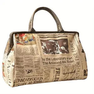 Tote Bag for Women Letters Print Handbag Newspaper Pattern Kraft Paper Tote Bag for Work Hobo Handbag