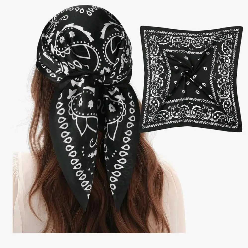 1 Pcs 27.5 Inches Cotton Head Scarf Cotton Like Stain Bandana Sleeping Hair Wrap Hair Scarf for Women Black Paisley Design
