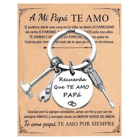 Engraved Dad Keychain Tool Set - Stainless Steel Miniature Tools (Hammer, Wrench, Screwdriver) with Paper Card + Gift Box, Keychain Charms, No Extra Add-ons, Meaningful Birthday/Appreciation/Ceremony Present for Dads with "Recuerda Que Te Amo Papa" Text