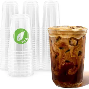 16oz Disposable  Cups, 100 Pack, Commercially Compostable Cold Cups, Iced Coffee Cups, Round Plastic Cups, PLA Cups for , Iced Coffee &