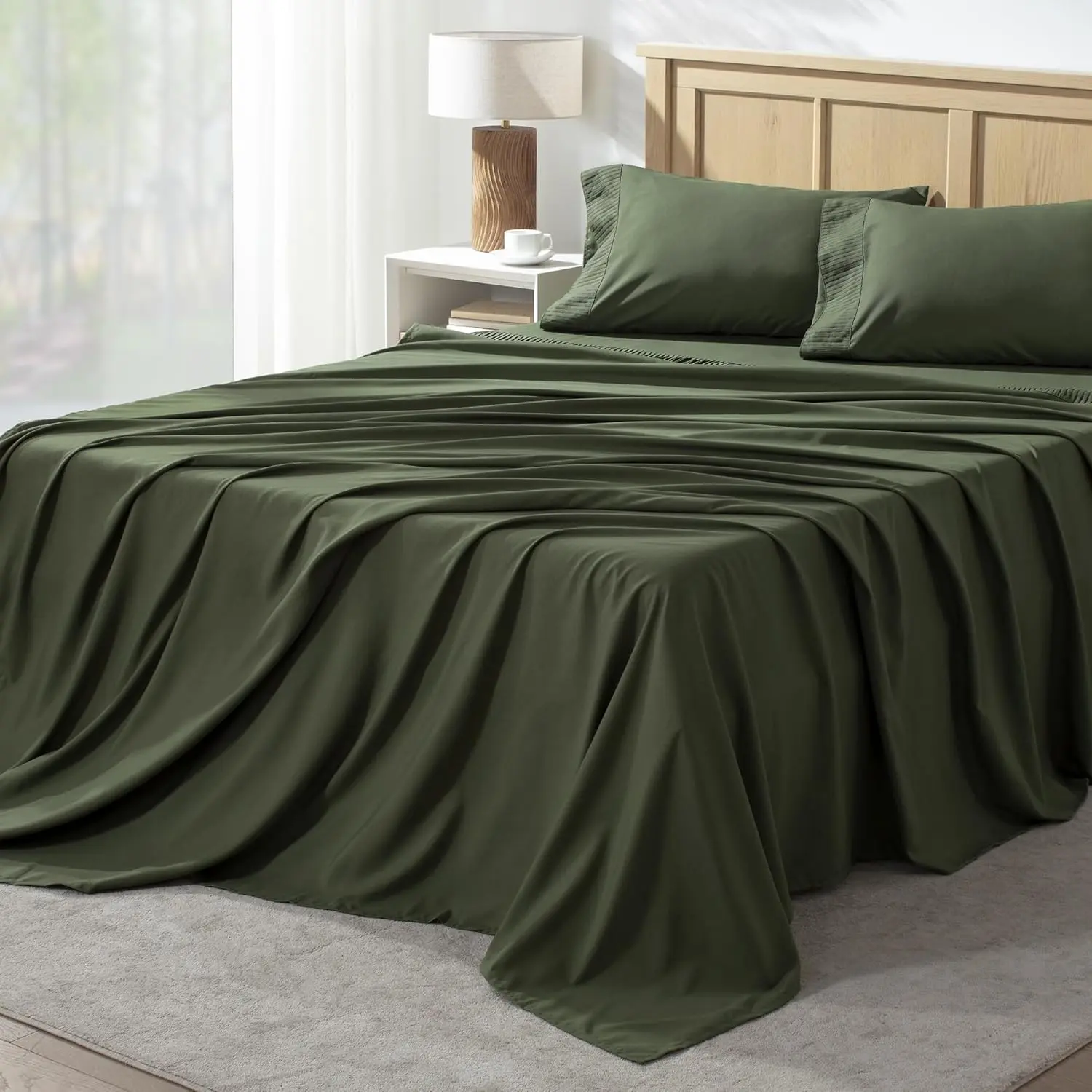 Queen Sheet 4, Dark Olive Green Super for Queen Size, Microfiber Queen Sheet, Deep Pocket Up to 16",  Cooling Sheet