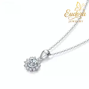 Eudora Sunflower Moissanite Necklace for Women, 1ct / 2ct Round Halo Pendant, S925 Sterling Silver "You Are My Sunshine" Flower Jewelry, Anniversary Gifts