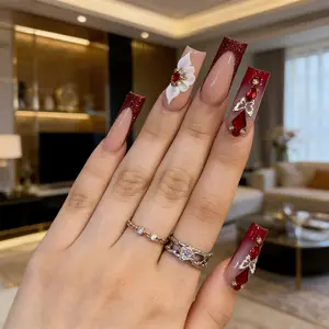 New Wine Rhinestone Flower Nail Art, Ruby Sparkle Coffin Nails, High-End Party Fake Nails, Fashionable Women's Nail Set