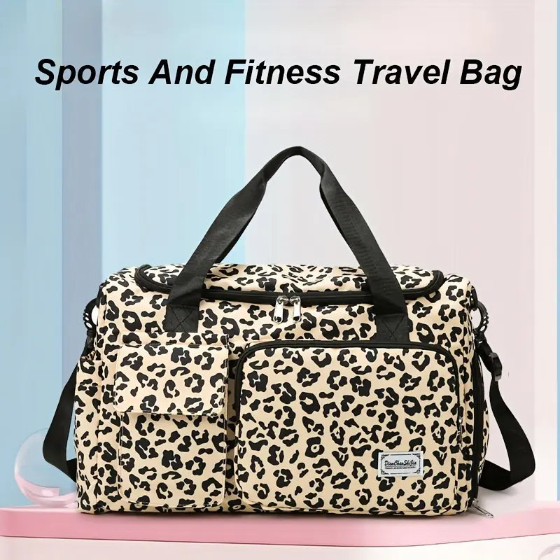 Leopard Print Oxford Cloth Sporty Gym Bag - Large Capacity, Stylish, Multiple Compartments, Detachable Shoulder Strap, Black Handles, Durable - Available in Deep Brown, Cream, Pink, Green, Blue for Gym, Fishing Use, Sporty Gym Bags