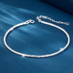 925 Sterling Silver Italian sparkling 2mm Diamond-Cut Braided rope box Chain Bracelet for Women  Gift for Her