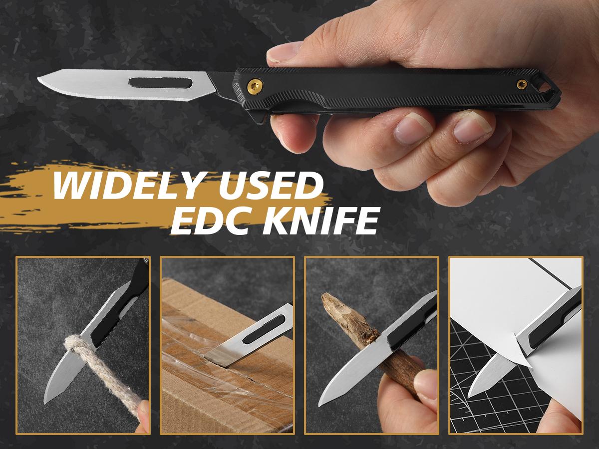 Folding Scalpel Knife,Mini Slim Pocket Knife with 10pcs #60 Scalpels Replaceable Blades,EDC Utility Knife with Liner Lock,Pocket Clip，Ideal Gifts for Men and Women（Black）