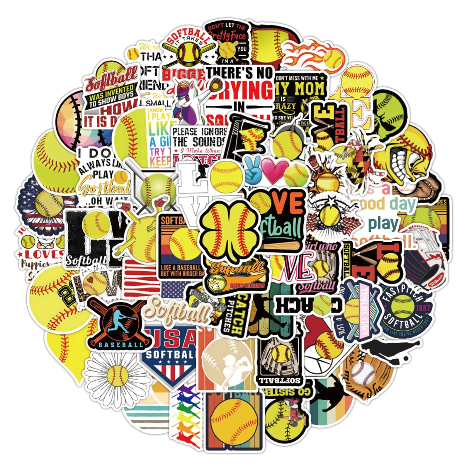 Motivational Softball Stickers - 100 Pack Vinyl PVC, Water Resistant, Vibrant 2-3.5 in, Great for Helmets, Sports Fans' Party Favor and Gift