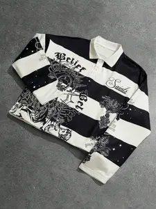 Men's Streetwear Vintage Mary Stripe Graphic Print Shirt, Casual Fitted Long Sleeve, Spring & Fall Fashion, Comfortable Basic Style, Striped