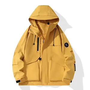 Men's Yellow Hooded Work Jacket - Multi-Pocket Design, Waterproof Fabric, Ideal for Outdoor Hiking & Street Style