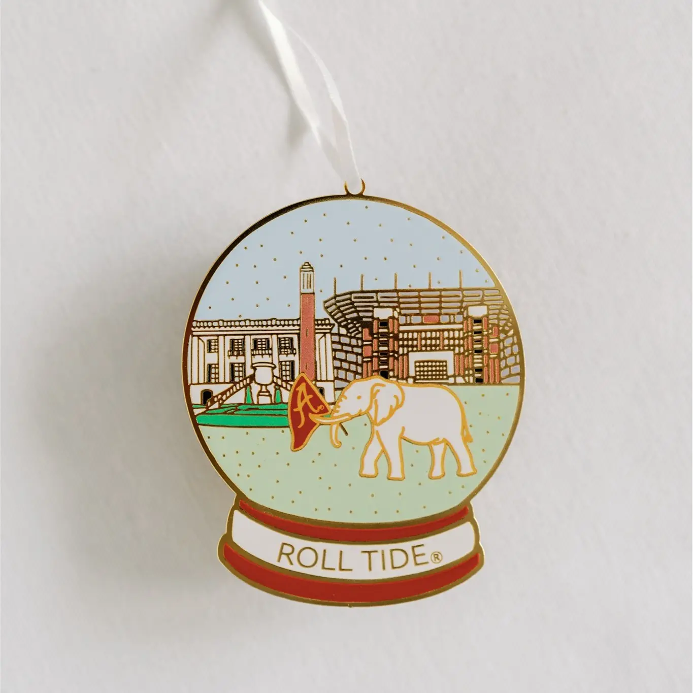 Crimson and White Elephant Enamel Gold Christmas Ornament- 3 inches with white ribbon