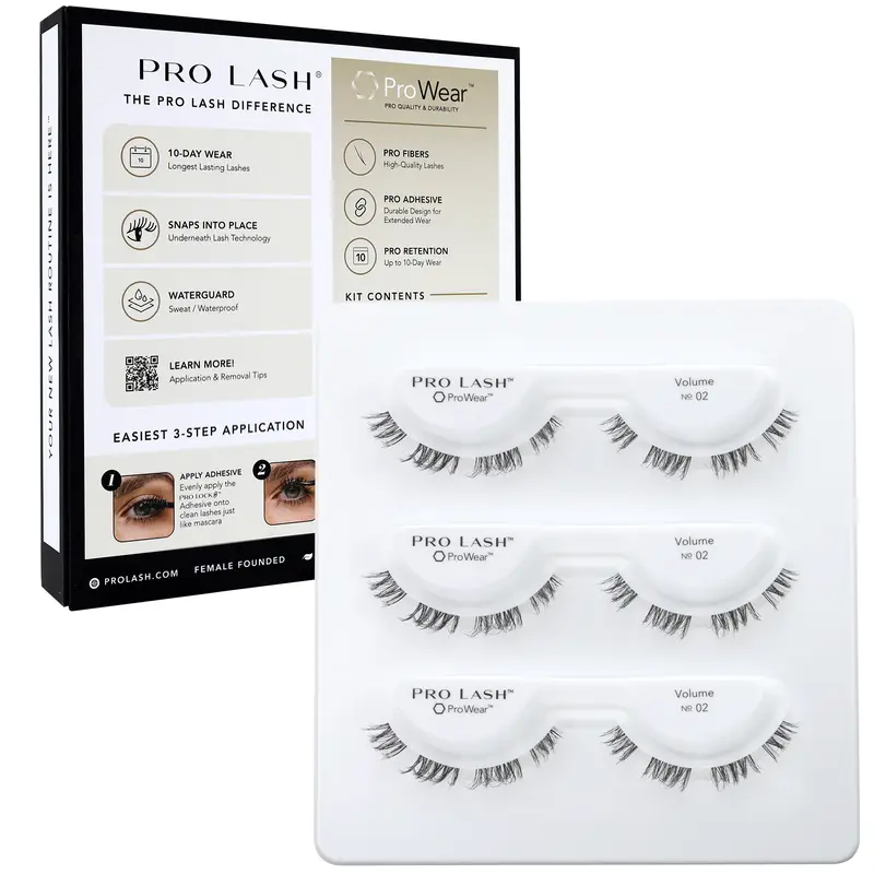 Pro Lash No. 02 ProWear/SoftWear Fluffy Cosmetic Makeup False Eyelashes Set - Eyelash Extensions, Easiest to Apply, 10-Day Wear, Waterproof, 3 Sets, Black Volume