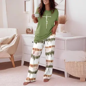 Women's 2 Pieces Outfit Floral print Round Neck Short Sleeve Top and Ombre Print Loose Fit Pants Set(Sheets)