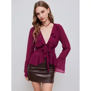 Cider V-neck Tie Front Bow Ruffle Hem Blouse