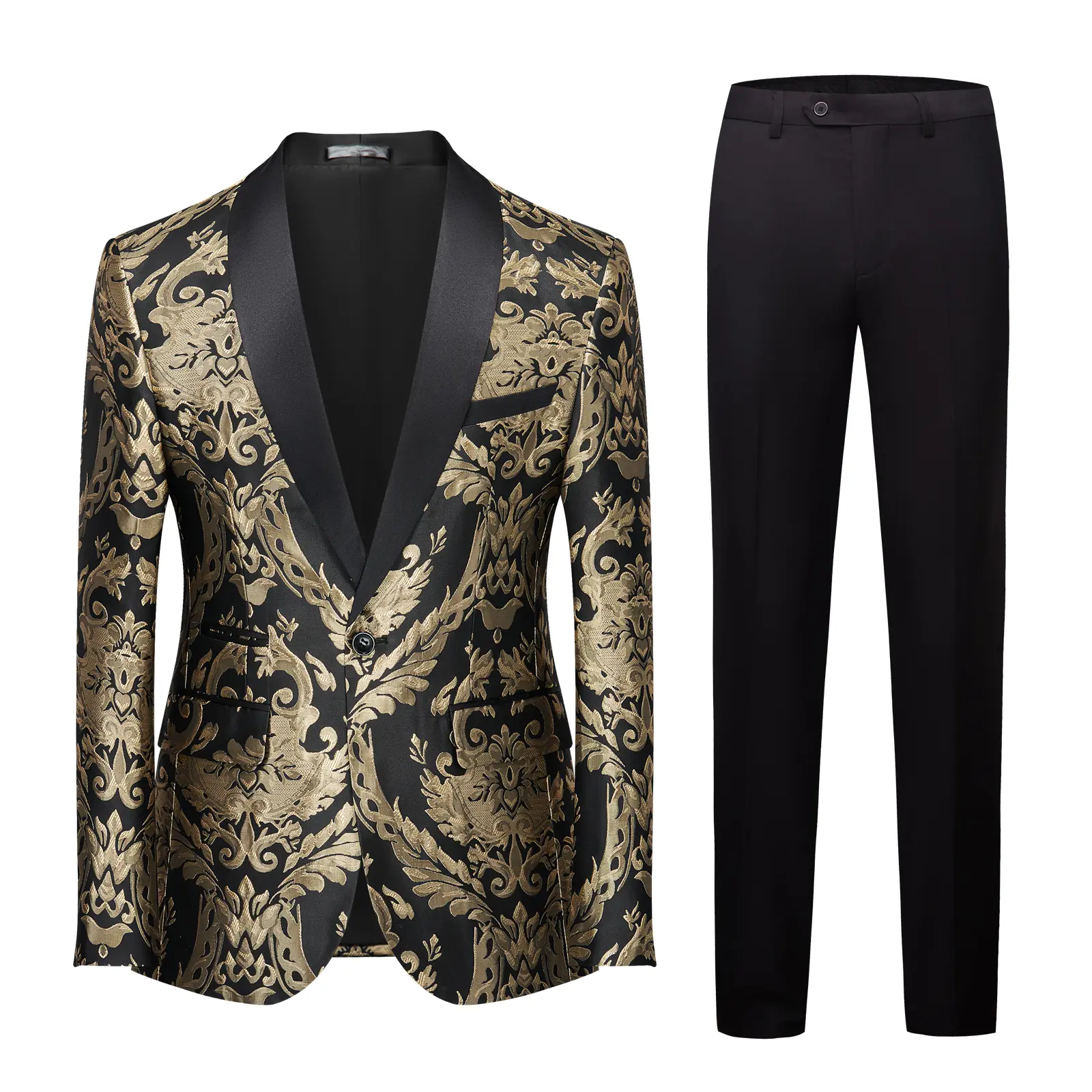 Men's 2-Piece Black & Gold Jacquard Tuxedo Suit Set, Floral Pattern Blazer with Black Pants, Satin Shawl Lapel Slim Fit Formal Suit for Wedding, Prom, Groom, Party, Dinner & Banquet Exquisite Suits Blazer Suit sohochic