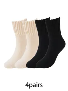 4 pairs of simple and fashionable thick plush knitted socks, comfortable knitted soft mid tube socks, women's winter warm knitted socks