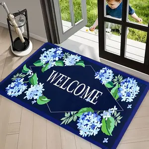 Blue Hydrangea Flower Welcome Doormat, Floral Entrance Rug for Front Door, Washable Indoor Outdoor Floor Mat, Floral Area Rug
