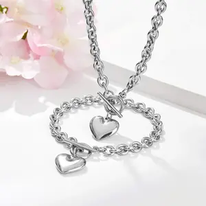 Women Hear Necklace Set Stainless Steel Engagement Jewelry Love Heart Necklace and Bracelet Jewelry Set