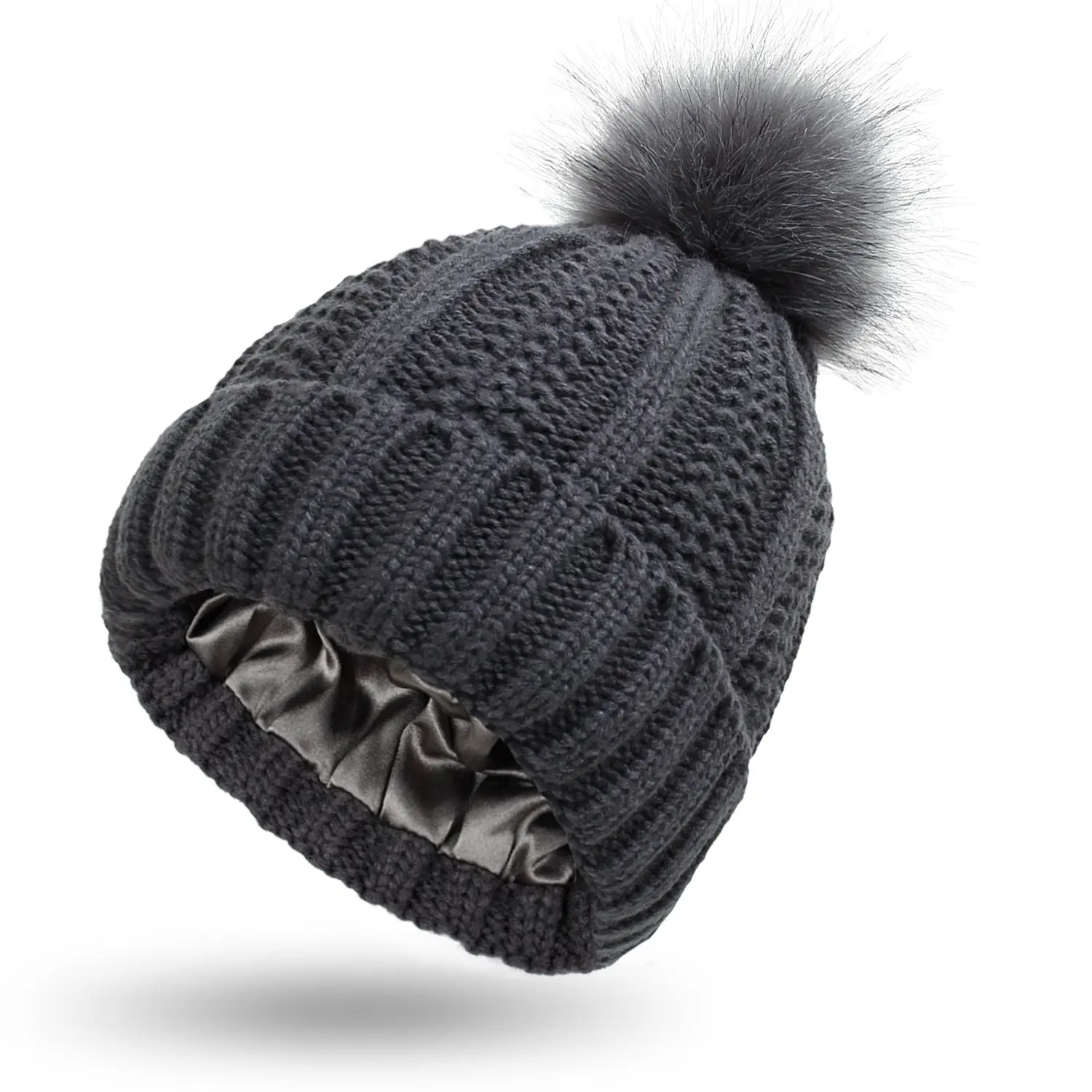 Pom Pom Knitted Beanie - Faux Fur Winter Hat