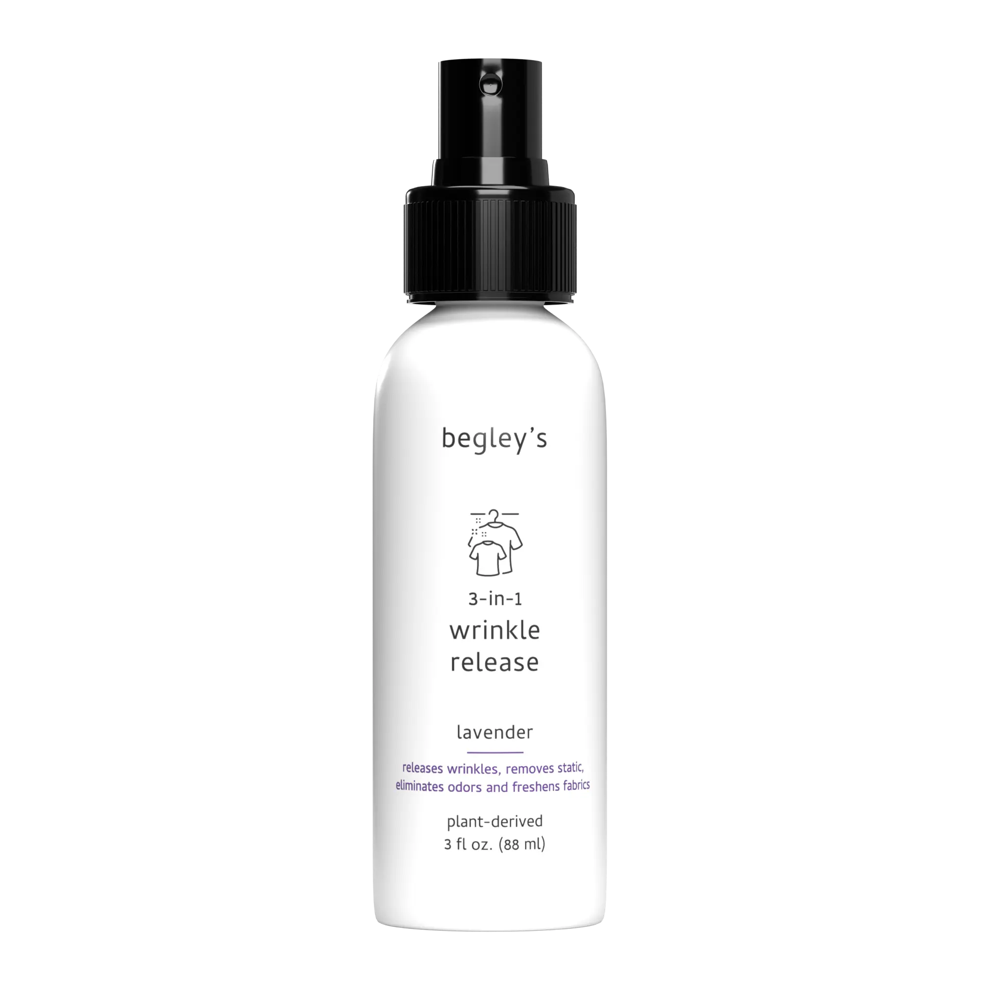 Begley's 3-in-1 Wrinkle Remover, Quick Fix Wrinkle Release, Static Cling Remover, Odor Eliminator and Fabric Refresher Spray - USDA Certified Biobased - Lavender