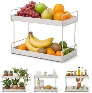 2-Tier Fruit Basket for Kitchen Counter – Gray Powder Coated Metal Fruit Stand