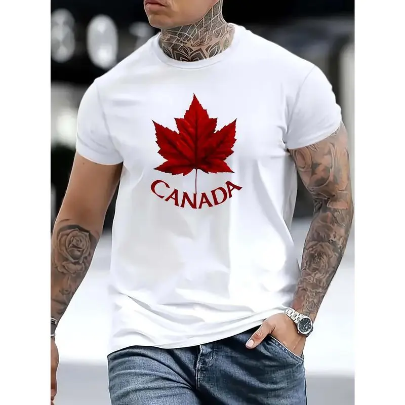 Men's Canada Print Versatile Crew Neck Short Sleeve Shirt, Regular Fit, Comfy Slight Stretch Tee, Perfect For Summer Weekend Casual Wear