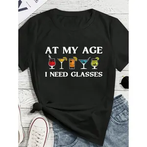 Fashionable Minimalist Wine Glass Print Casual Short Sleeve T-Shirt Graphic Tees Women Tops