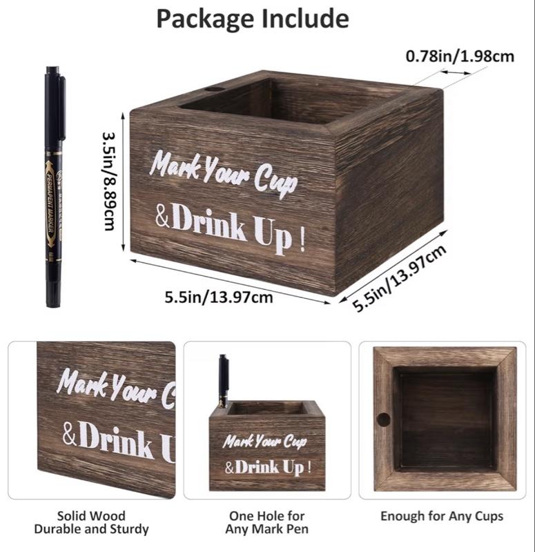 Wooden Cup Holder - Party Cup Holder with Marker Slot, for Party and Wedding, Rustic Disposable for Bar, Kitchen, Countertop, Home & Office, Brown