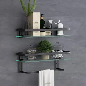 Glass Bathroom Shelf with Towel Bar 15.7in Bathroom Wall Shelves Rustproof Metal Bathroom Wall Organizer 2-Tier (Black)
