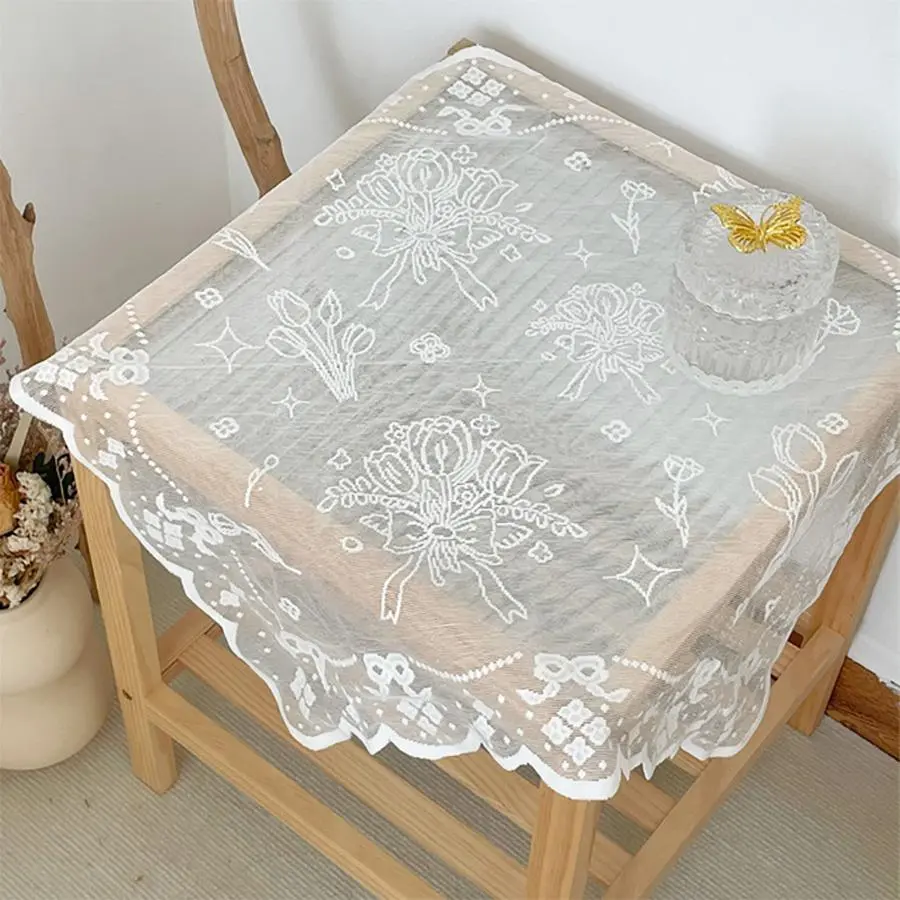 Tulip Bouquet Lace Decorative Tablecloth, Floral Design, 1 Count Table Cover, Tablecloth for Coffee Table, Dining Table, Nightstand Cover, Home Decor Supplies