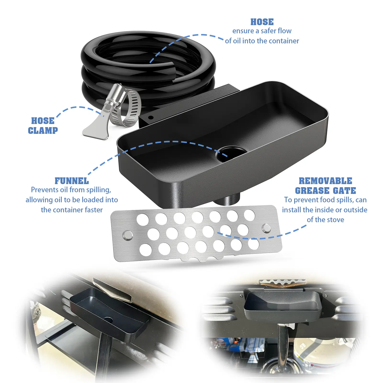 Rear Grease Drainage Funnel for Griddle, Compatible with Blackstone 36" Grill Plate, with Magnetic Grease Gate, Creative Blackstone Accessories Cup Liners Saving, Continuous Oil & Water Drain, Easy to install