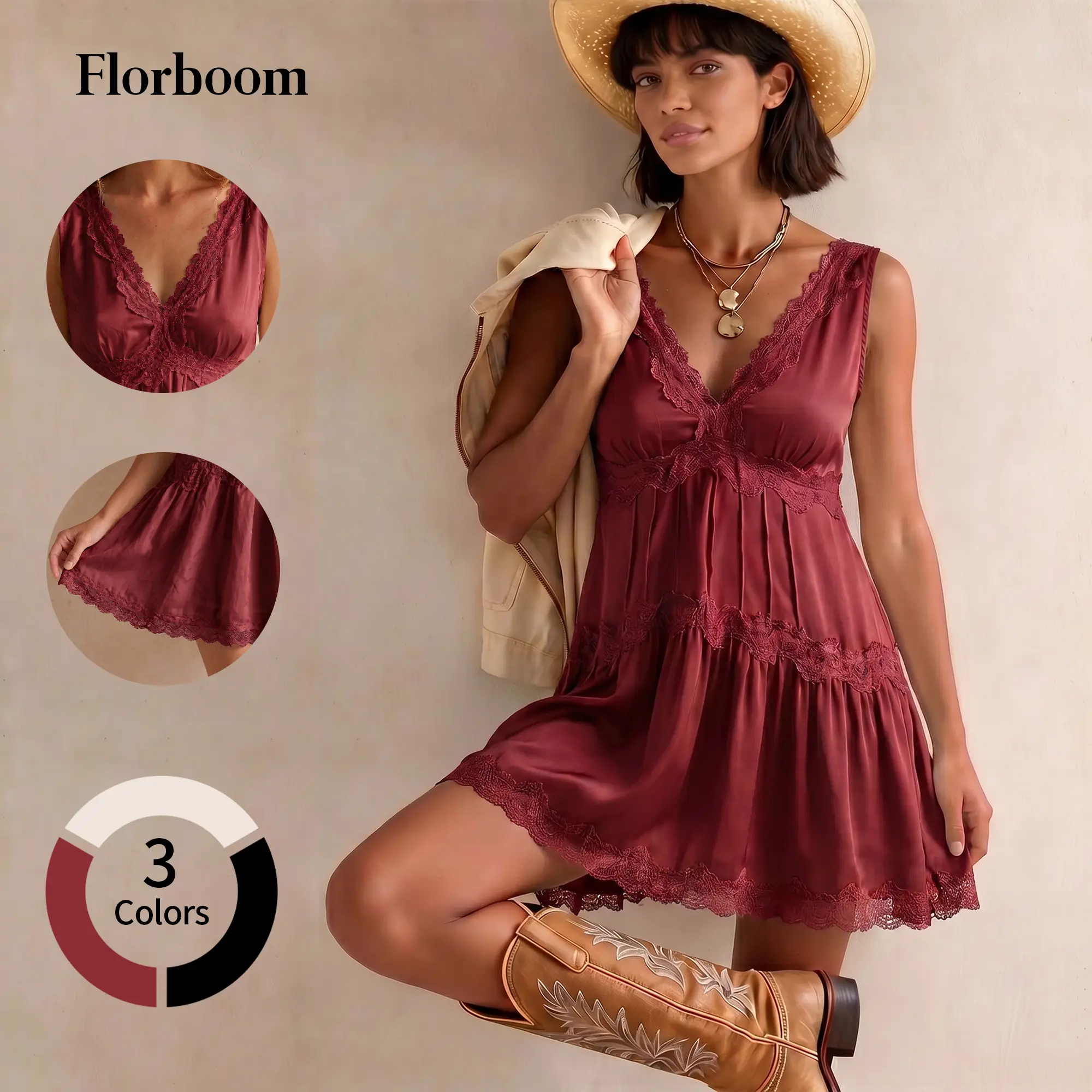 Florboom Womens Boho Lace Mini Stain Slip Dress, V Neck Sleeveless, Tiered with Lace Trim, Flowy Babydoll A-Line Short Dress for Layering Western Vacation Beach Country Concert Date Night, Summervibes Vneck