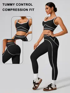 Qfen Sport Seamless Workout Set, Colorblock Sports Pants, Slim Fit High Waist Design, Gym Tank Top & Long Pants, Athletic Wear