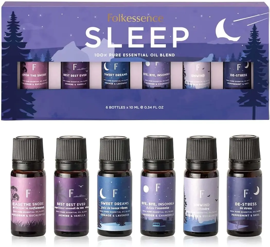 Folkulture Essential Oils for Sleep-Pack of 6,Lavender,Peepermint,Jasmine | Aromatherapy & Meditation, Lavender, Peppermint, Jasmine Eucalyptus Orange, Relaxing Essential Oil Set for Sleep Essentials