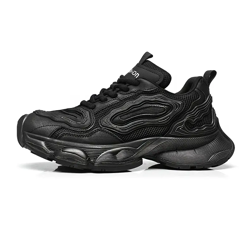 Women's All Black Chunky Sneakers, Breathable Mesh Platform Walking Shoes, Shock Absorbing Non Slip Athletic Trainers, Fashion Casual Outdoor Daily Footwear