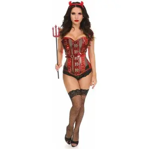 Sassy Steel Boned Devil Corset Costume Kit - 4PC Wings Horns Pitchfork