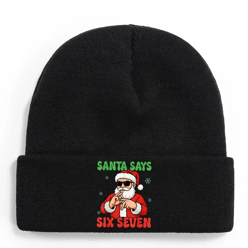 Santa Says Six Seven meme 67 Christmas Hat - Fun "Santa Says 67" Pattern Hat with Red and Green Letters, Soft Stretchy Unisex Winter Hat, Comfortable for All Seasons, Casual and Party Wear, Hand Washable Holiday Gift, Holiday Accessories