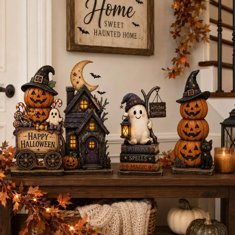 Vintage Wooden Haunted House Ghost Pumpkin Decorative Sign, 2026 Halloween Home Decor for Fall Table Shelf Mantel Tiered Tray Centerpiece Gift