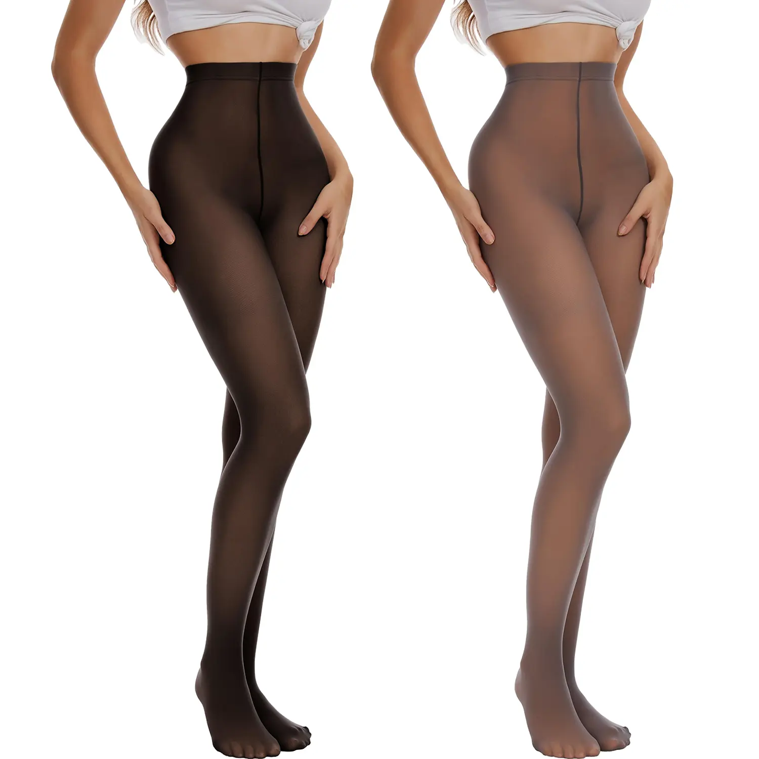Women’s Minimalist Soft Basic Fleece Lined High Waisted Control Tights - 1-Piece Thermal Stockings with Fake Translucent Sheer Look, Opaque Finish, Reinforced Toes for Winter Warmth, Layering Under Dresses, Stretchy, One Piece
