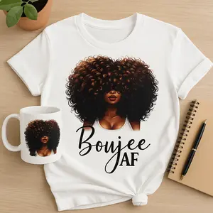 Boujee Morning 11 oz Coffee Mug & Tee Shirt Set Featuring Boujee AF Design with Bold Afro Hair Artwork Drinkware Washable Ceramic Tumbler Reuse Cup Reusable