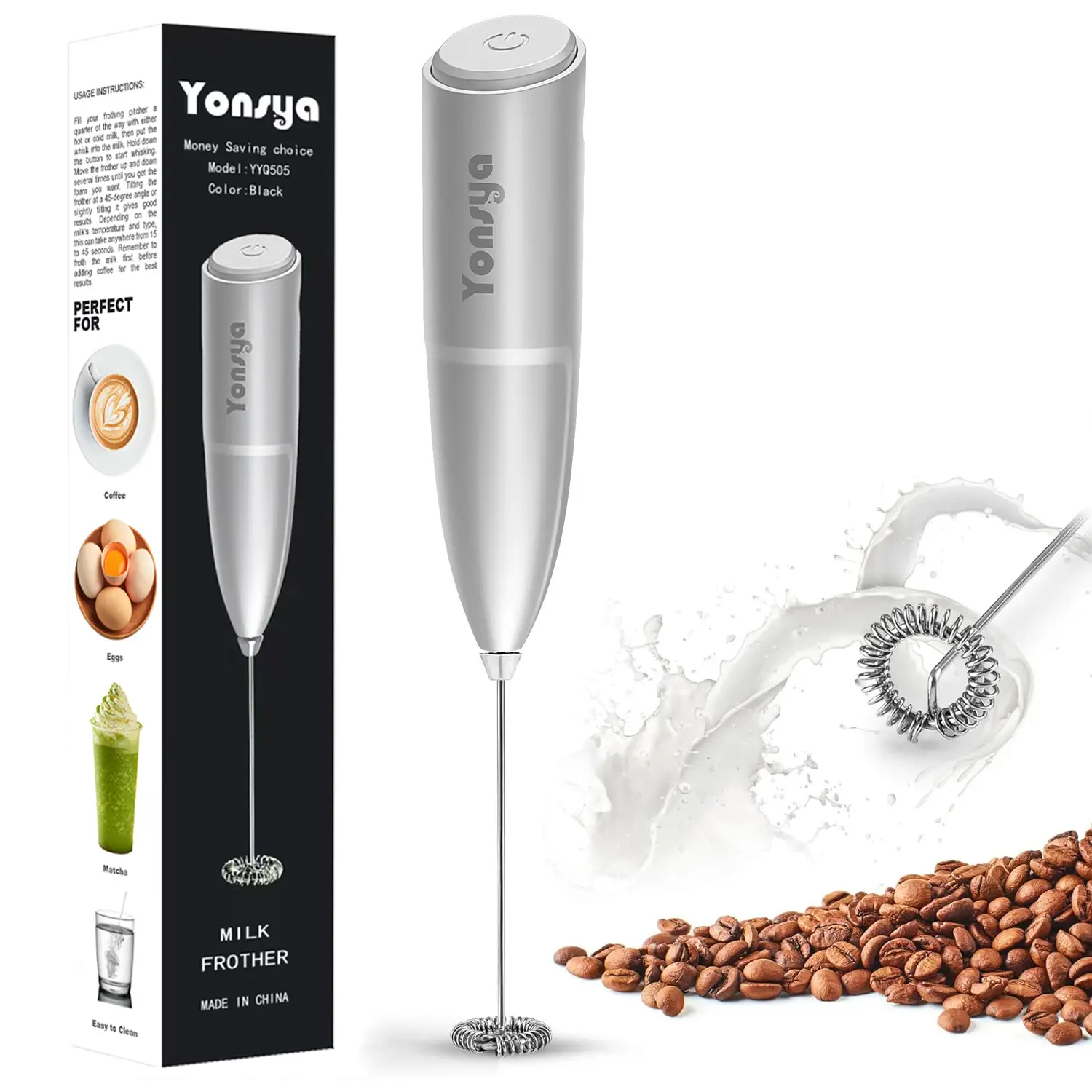 Yonsya Hand Mixer Milk Frother for Coffee - Electric Handheld Foam Maker for Lattes, Cappuccino, Frappe, Matcha, and Hot Chocolate Portable Battery